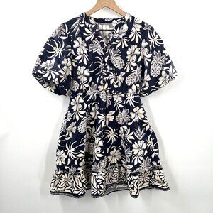 Joie puff sleeve mini dress Hawaiian print v-neck pineapple hibiscus blue 4